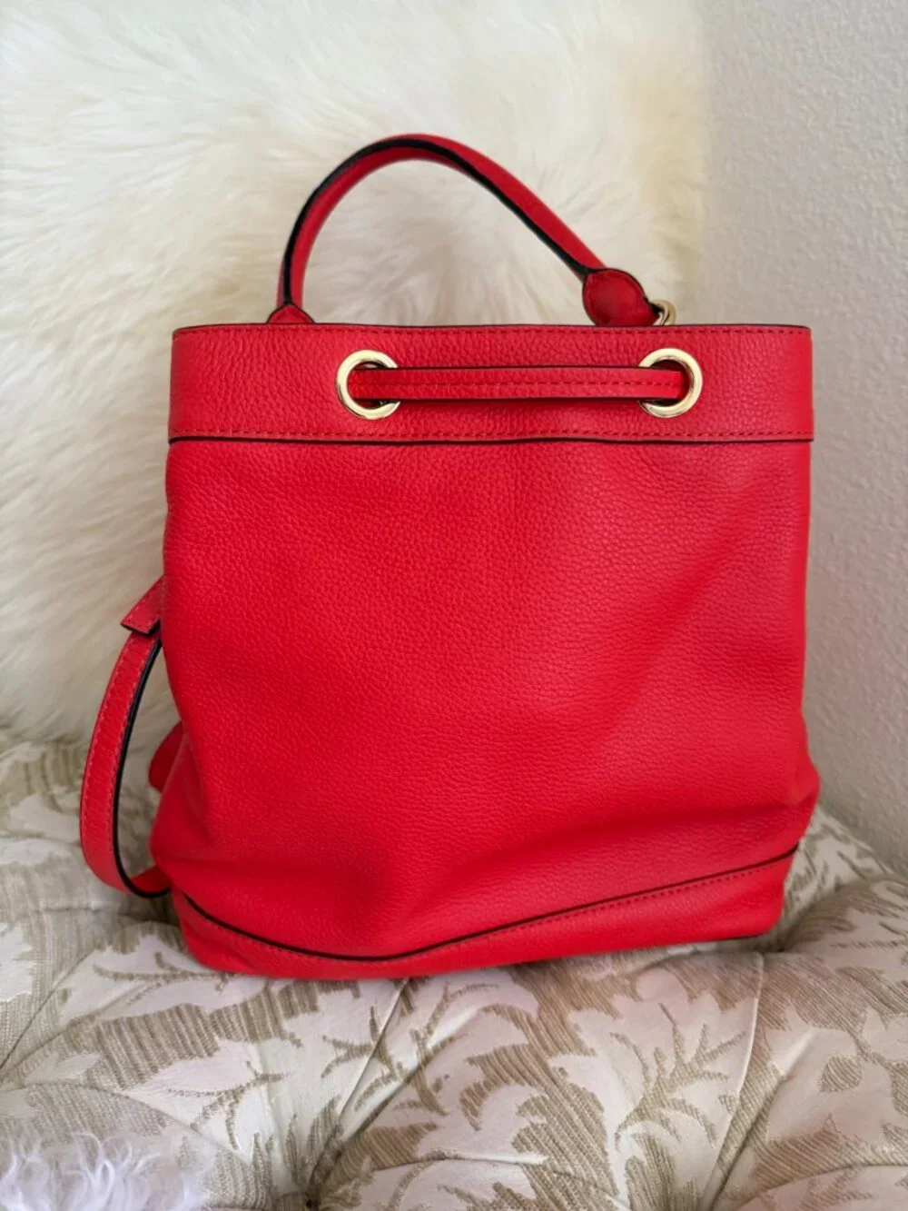 Milly Astor Vermilion Red Leather Drawstring Bucket Bag Tassel Crossbody